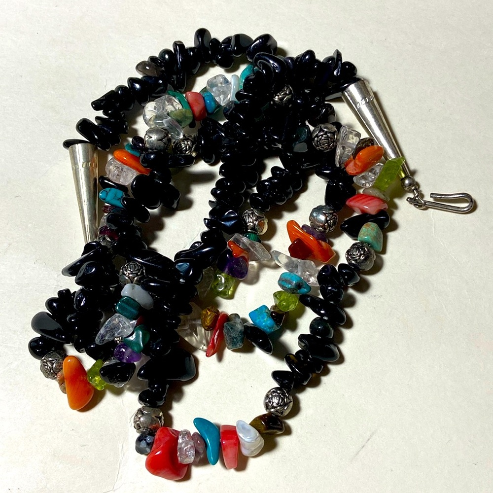 Handmade 28" Black Onyx Coral Turquoise Chips Necklace S-W Style Hook Closure